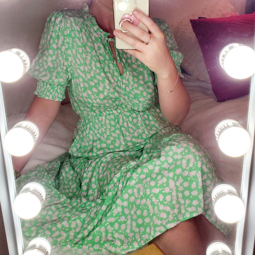Green Floral Midi Dress with Puff Sleeves